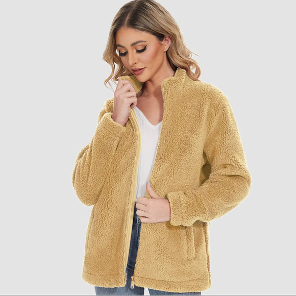 MagcoMsen Fleece Jacket Full Zip Tan Hooded Sherpa Fuzzy Sz S Women's - Picture 2 of 14